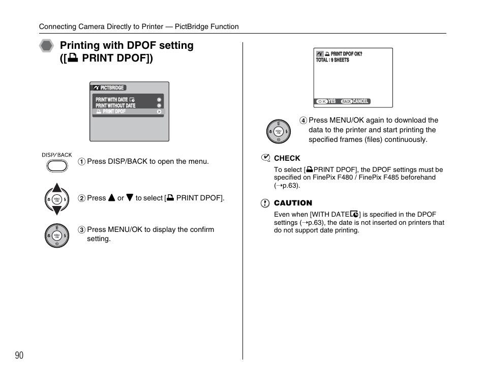 Printing with dpof setting ([ u print dpof]) | FujiFilm F480/F485 User Manual | Page 90 / 134
