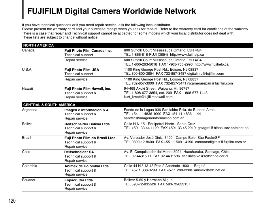 Fujifilm digital camera worldwide network | FujiFilm FinePix A700 User Manual | Page 120 / 132