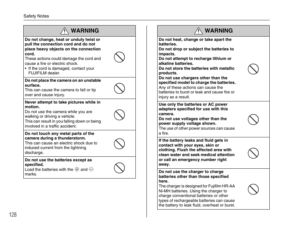 Warning | FujiFilm FinePix A700 User Manual | Page 128 / 132