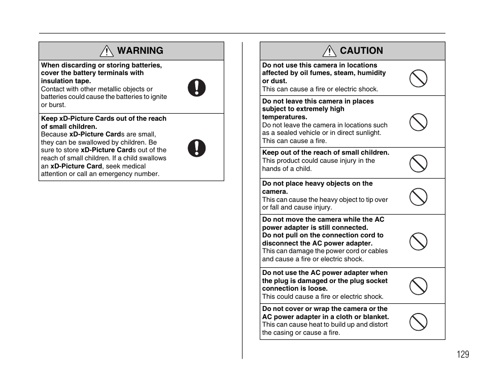 Warning caution | FujiFilm FinePix A700 User Manual | Page 129 / 132