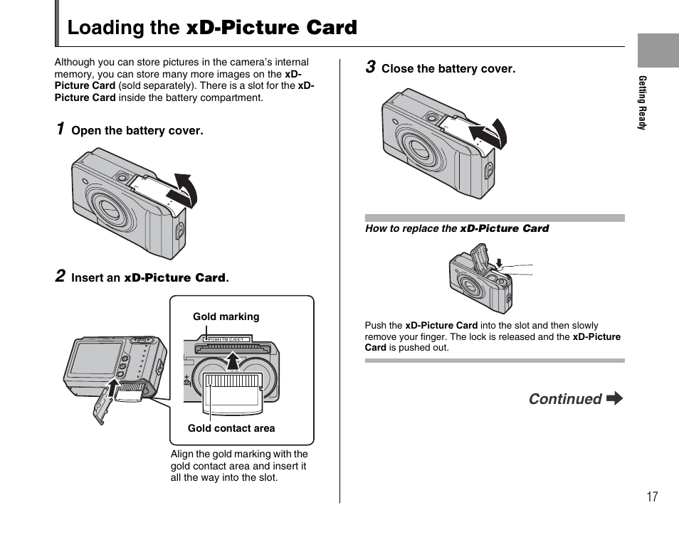 Loading the xd-picture card | FujiFilm FinePix A700 User Manual | Page 17 / 132