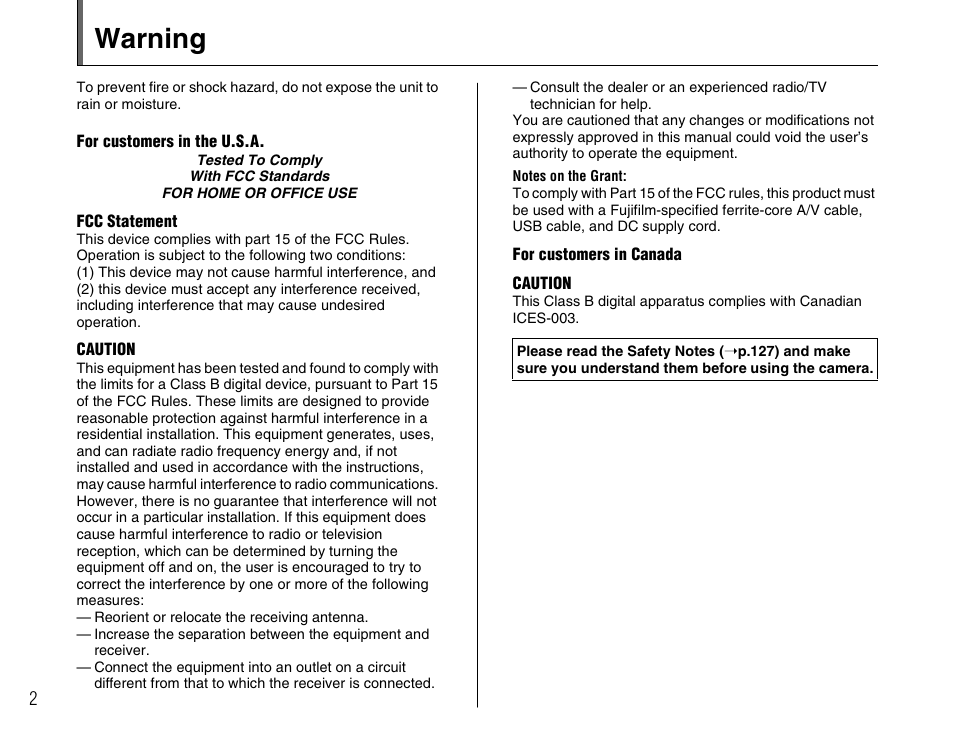 Warning | FujiFilm FinePix A700 User Manual | Page 2 / 132