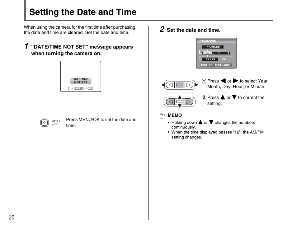 Setting the date and time | FujiFilm FinePix A700 User Manual | Page 20 / 132