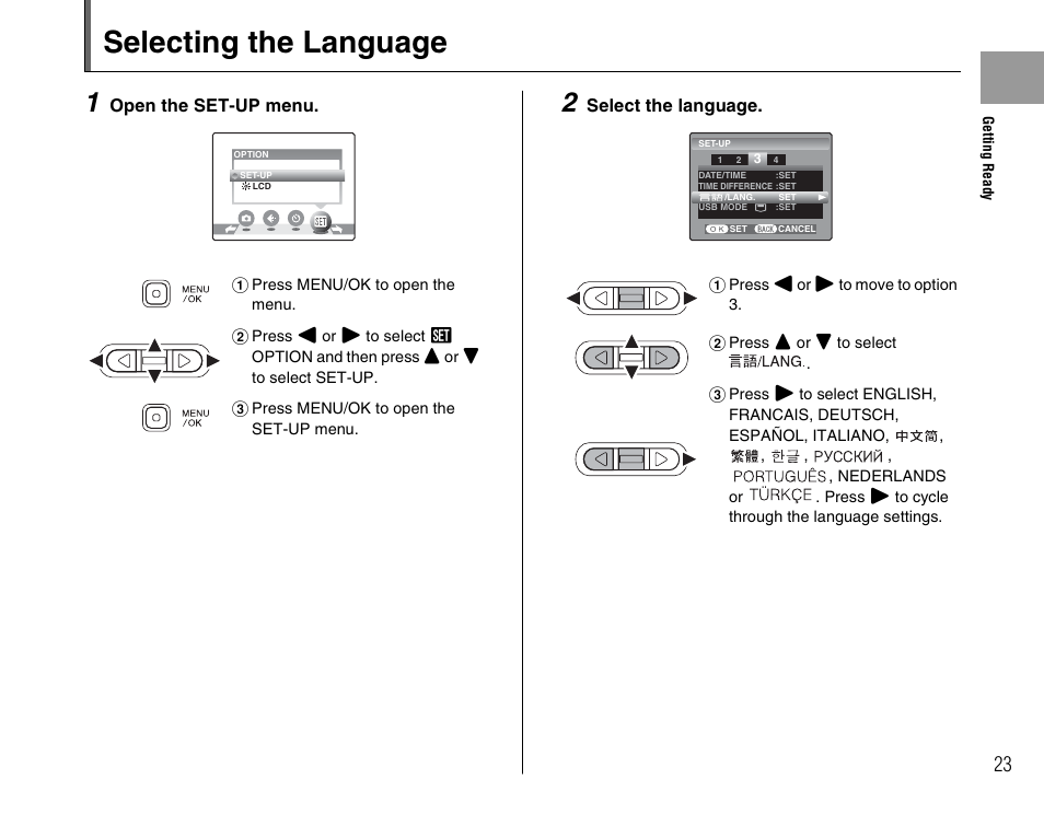 Selecting the language | FujiFilm FinePix A700 User Manual | Page 23 / 132