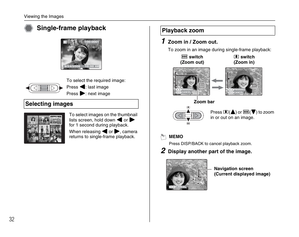 Single-frame playback, Selecting images, Playback zoom | FujiFilm FinePix A700 User Manual | Page 32 / 132