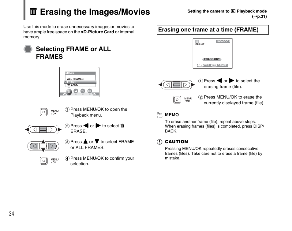 O erasing the images/movies, Selecting frame or all frames, Erasing one frame at a time (frame) | FujiFilm FinePix A700 User Manual | Page 34 / 132