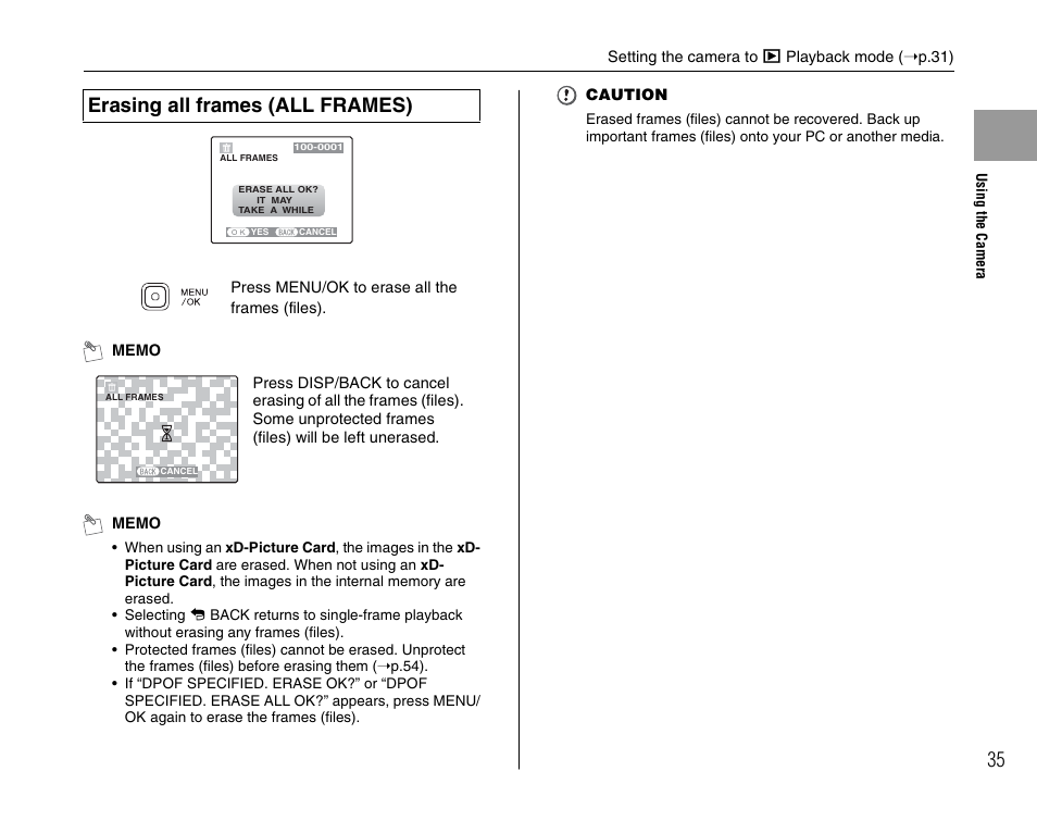 Erasing all frames (all frames) | FujiFilm FinePix A700 User Manual | Page 35 / 132