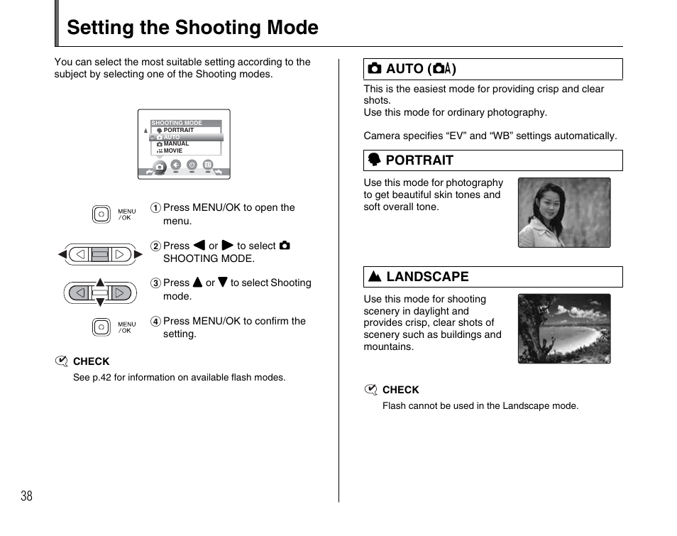 Setting the shooting mode, Q auto ( a ) h portrait, Landscape | FujiFilm FinePix A700 User Manual | Page 38 / 132