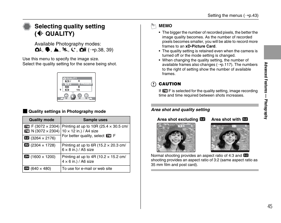 Selecting quality setting ( y quality) | FujiFilm FinePix A700 User Manual | Page 45 / 132