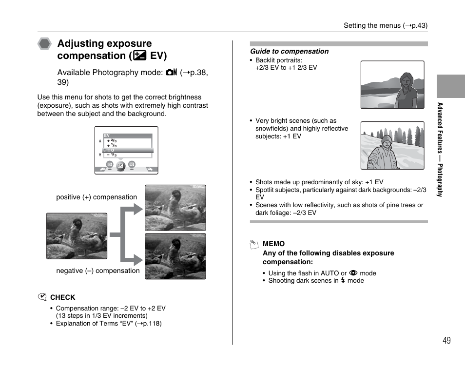 Adjusting exposure compensation ( s ev), Available photography mode: s ( ➝p.38, 39) | FujiFilm FinePix A700 User Manual | Page 49 / 132