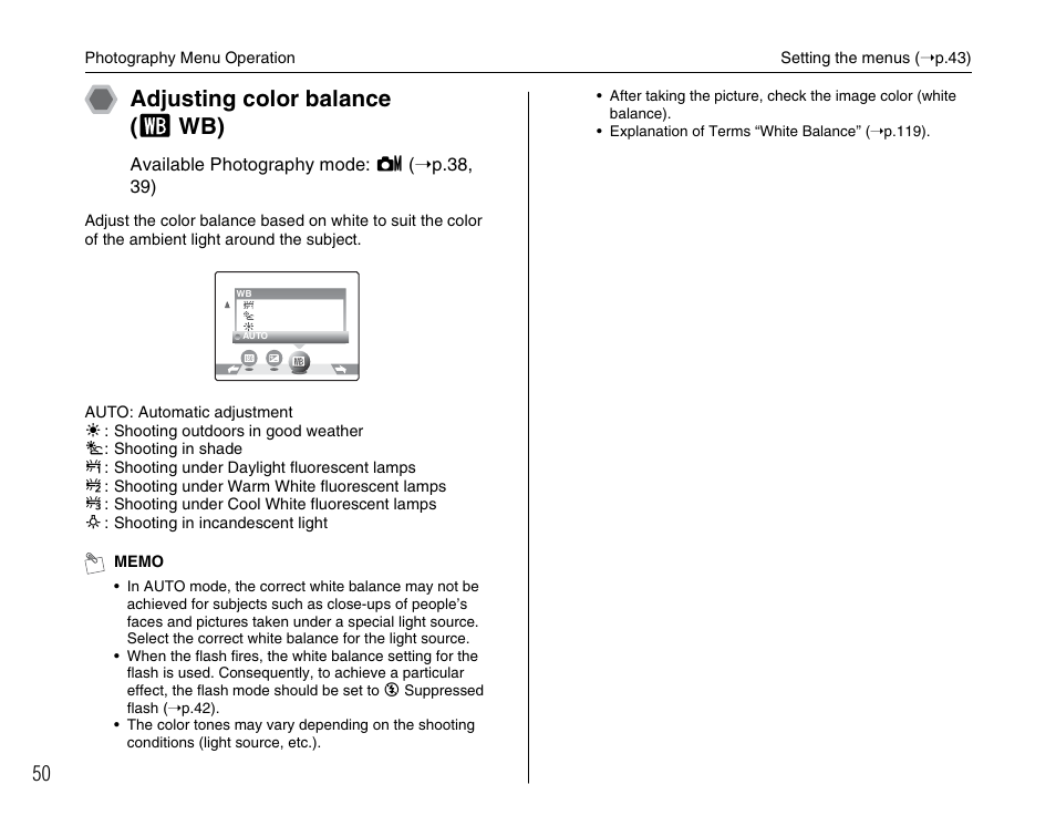 Adjusting color balance ( t wb) | FujiFilm FinePix A700 User Manual | Page 50 / 132