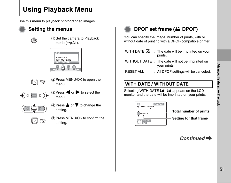 Using playback menu, Setting the menus dpof set frame ( u dpof), Continued q | With date / without date | FujiFilm FinePix A700 User Manual | Page 51 / 132