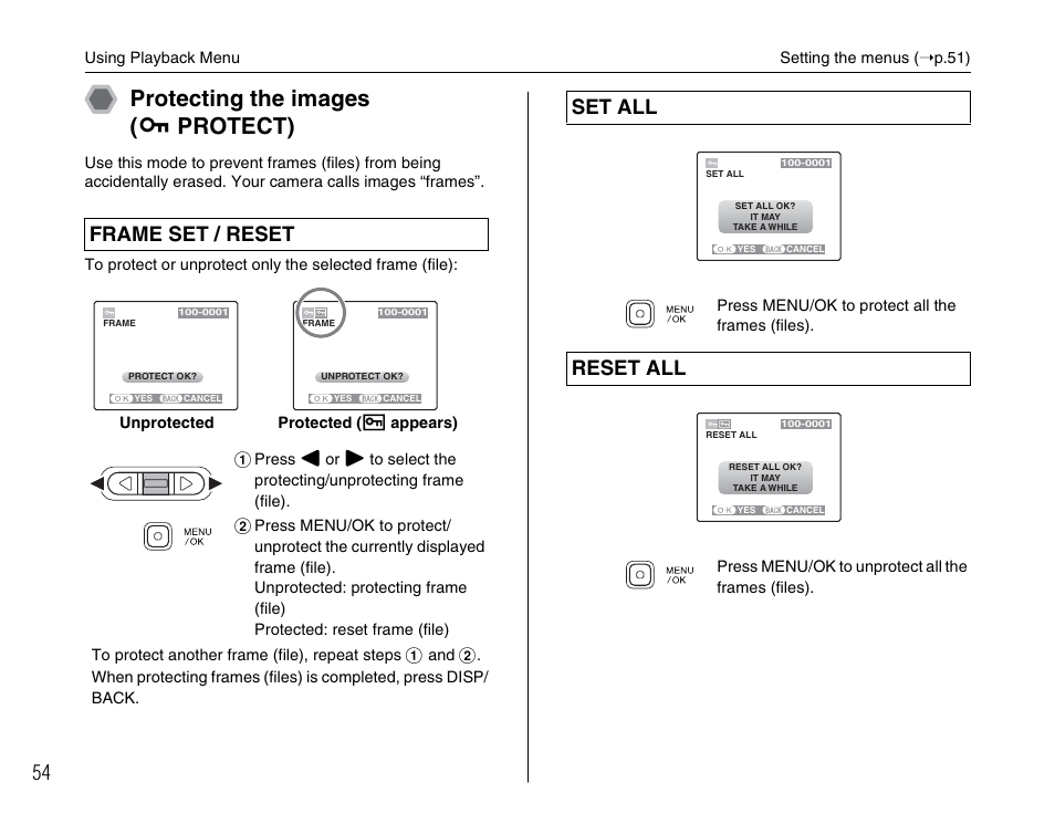 Protecting the images ( i protect), Frame set / reset, Set all | Reset all | FujiFilm FinePix A700 User Manual | Page 54 / 132