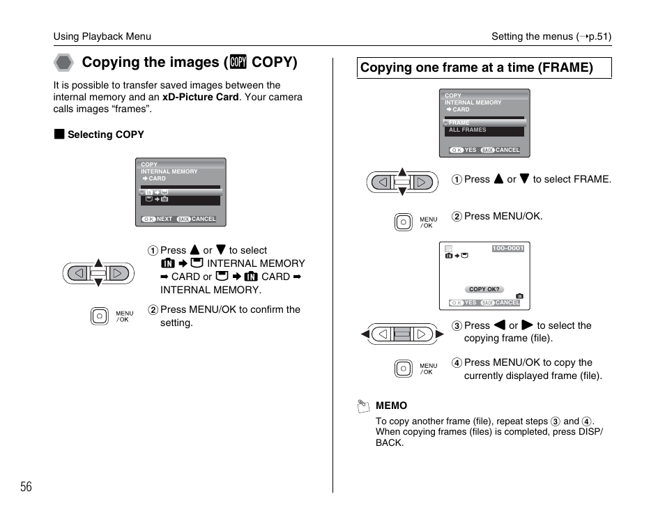 Copying the images ( v copy), Copying one frame at a time (frame) | FujiFilm FinePix A700 User Manual | Page 56 / 132