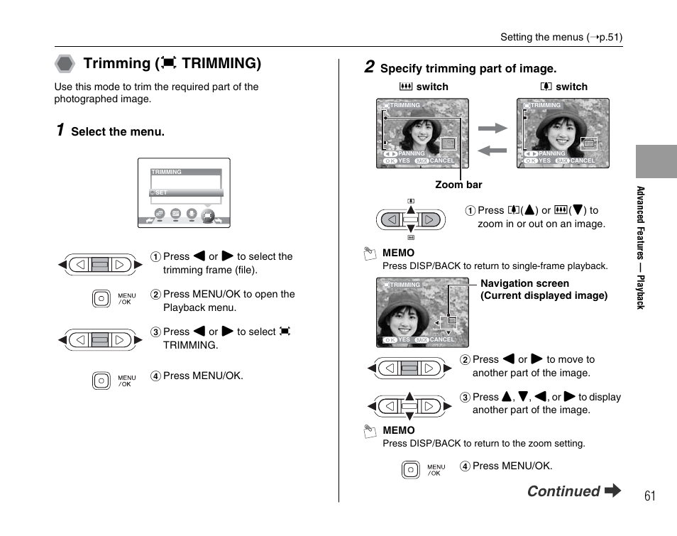 Trimming ( y trimming), Continued q | FujiFilm FinePix A700 User Manual | Page 61 / 132