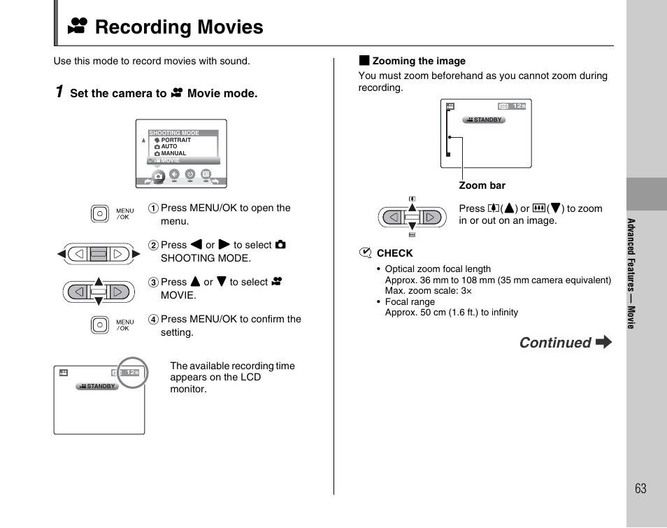 R recording movies, Continued q | FujiFilm FinePix A700 User Manual | Page 63 / 132