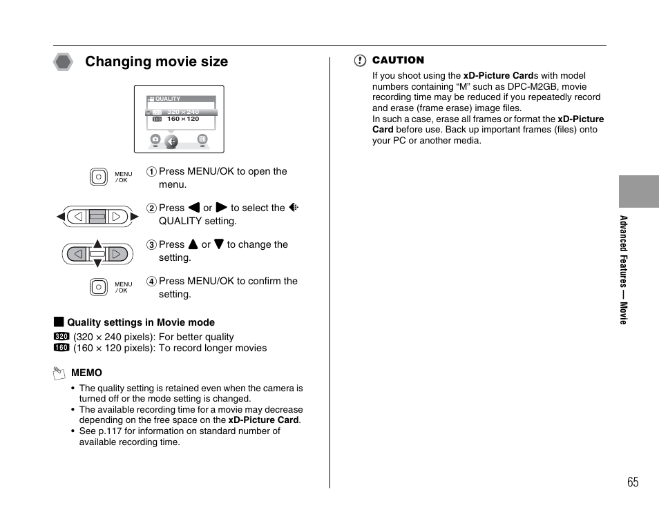 Changing movie size | FujiFilm FinePix A700 User Manual | Page 65 / 132
