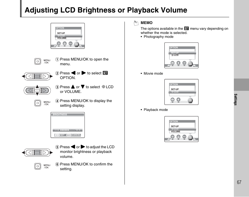 Adjusting lcd brightness or playback volume | FujiFilm FinePix A700 User Manual | Page 67 / 132