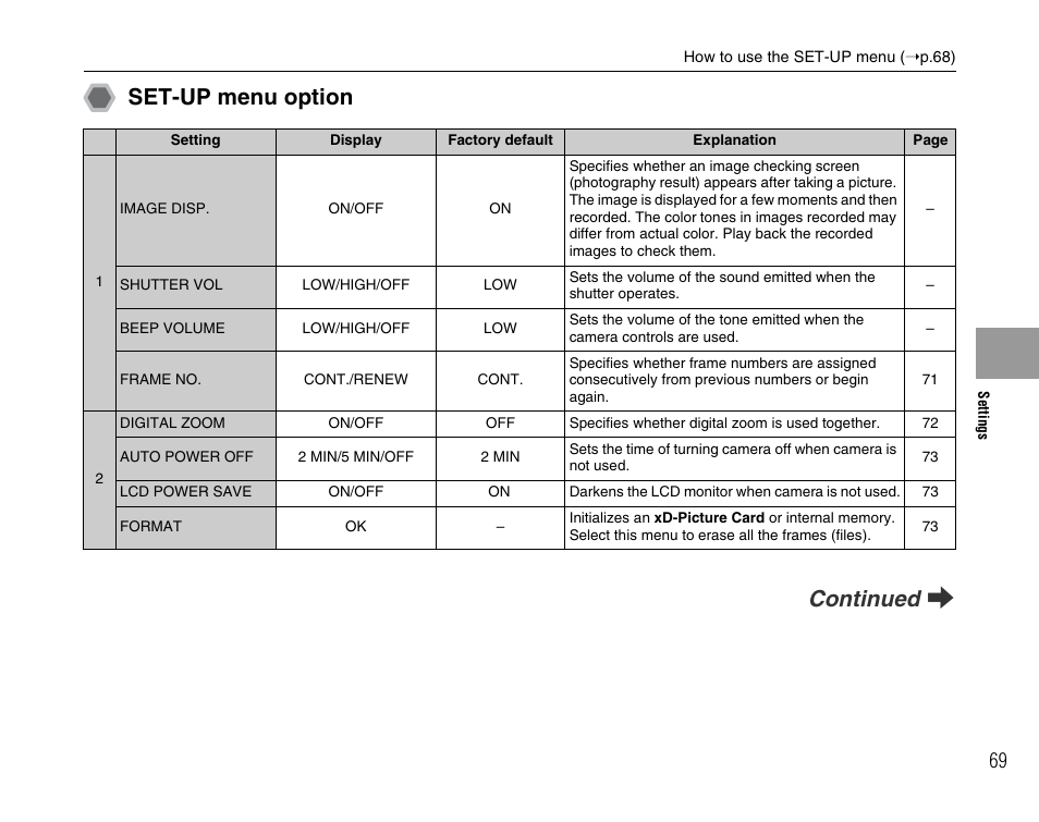 Set-up menu option, Continued q | FujiFilm FinePix A700 User Manual | Page 69 / 132