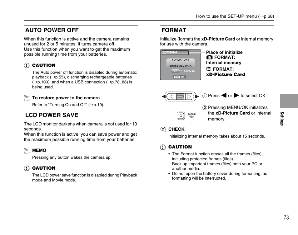 Auto power off lcd power save format | FujiFilm FinePix A700 User Manual | Page 73 / 132