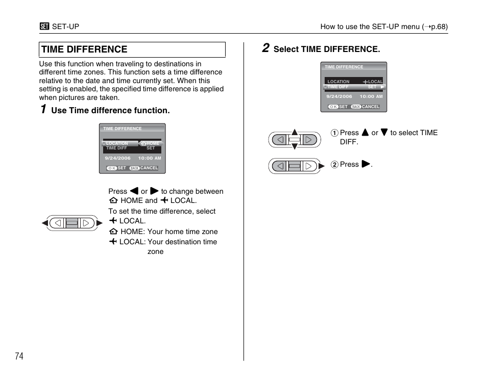 Time difference, Use time difference function, Select time difference | FujiFilm FinePix A700 User Manual | Page 74 / 132