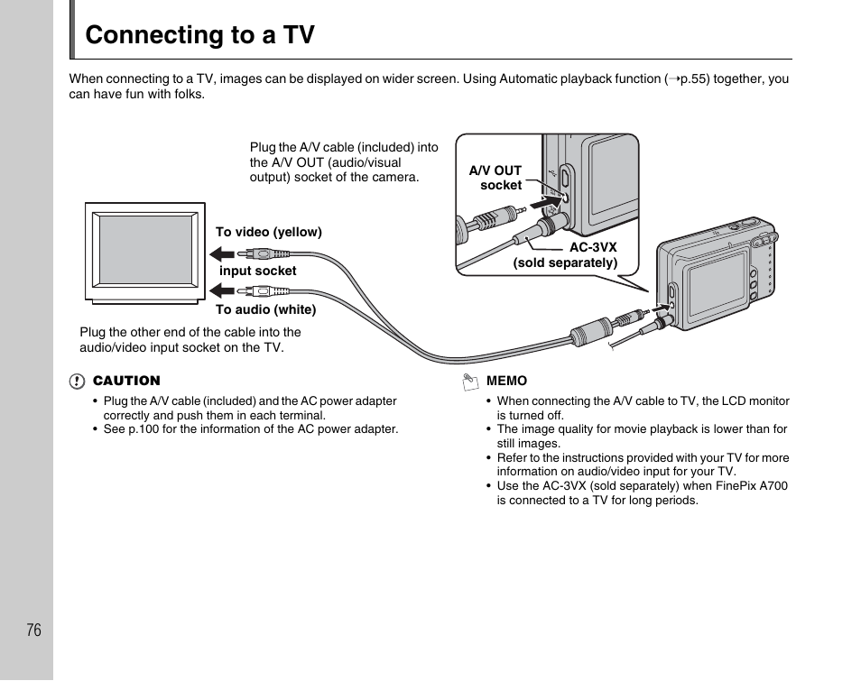 Connecting to a tv | FujiFilm FinePix A700 User Manual | Page 76 / 132