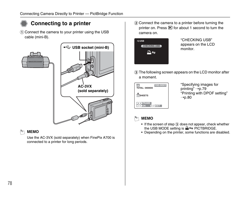 Connecting to a printer | FujiFilm FinePix A700 User Manual | Page 78 / 132