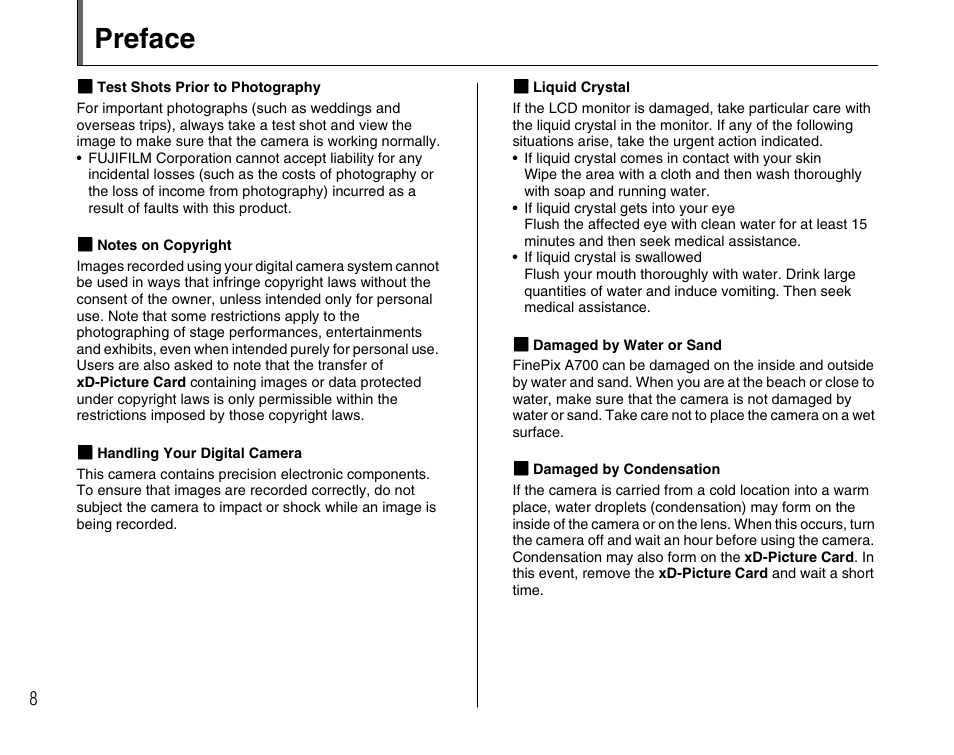 Preface | FujiFilm FinePix A700 User Manual | Page 8 / 132