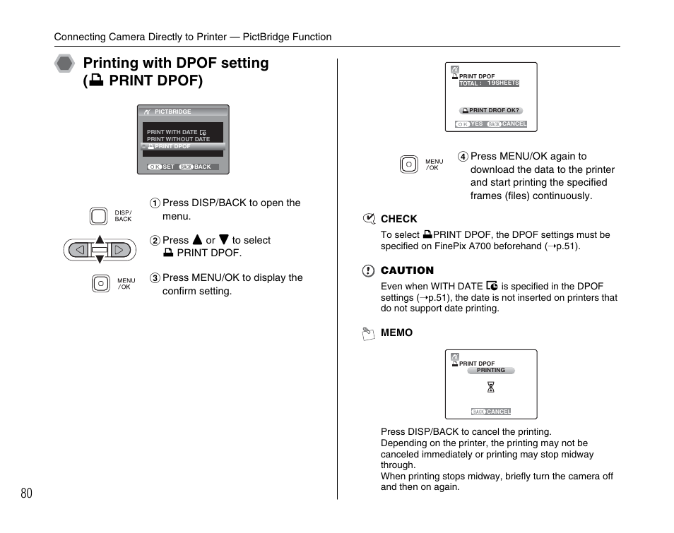 Printing with dpof setting ( u print dpof) | FujiFilm FinePix A700 User Manual | Page 80 / 132