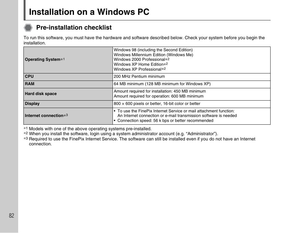 Installation on a windows pc, Pre-installation checklist | FujiFilm FinePix A700 User Manual | Page 82 / 132
