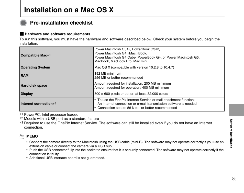 Installation on a mac os x, Pre-installation checklist | FujiFilm FinePix A700 User Manual | Page 85 / 132
