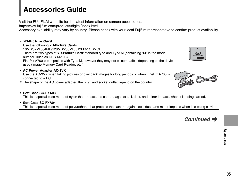 Accessories guide, Continued q | FujiFilm FinePix A700 User Manual | Page 95 / 132