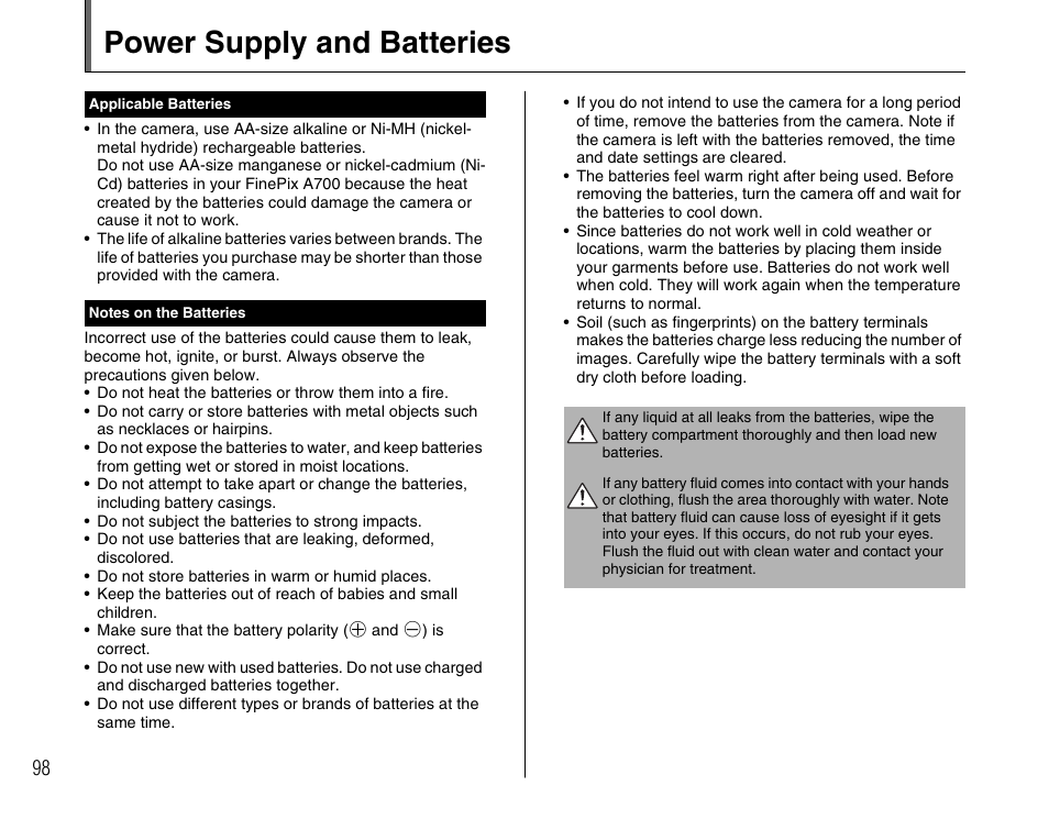 Power supply and batteries | FujiFilm FinePix A700 User Manual | Page 98 / 132