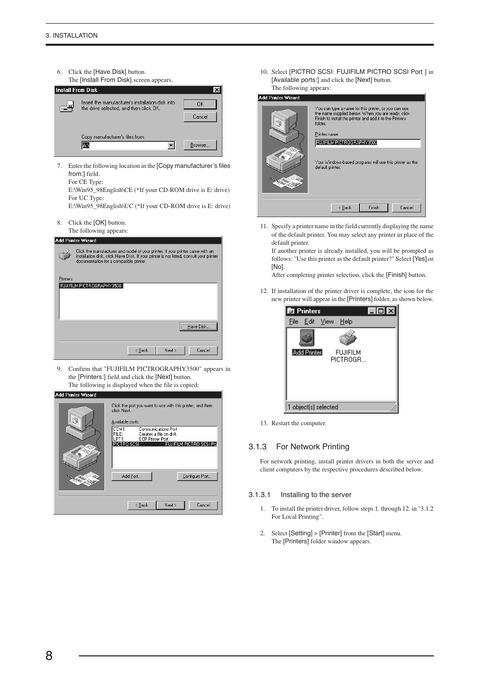 3 for network printing, 1 installing to the server | FujiFilm PICTOGRAPHY 3500 User Manual | Page 10 / 63