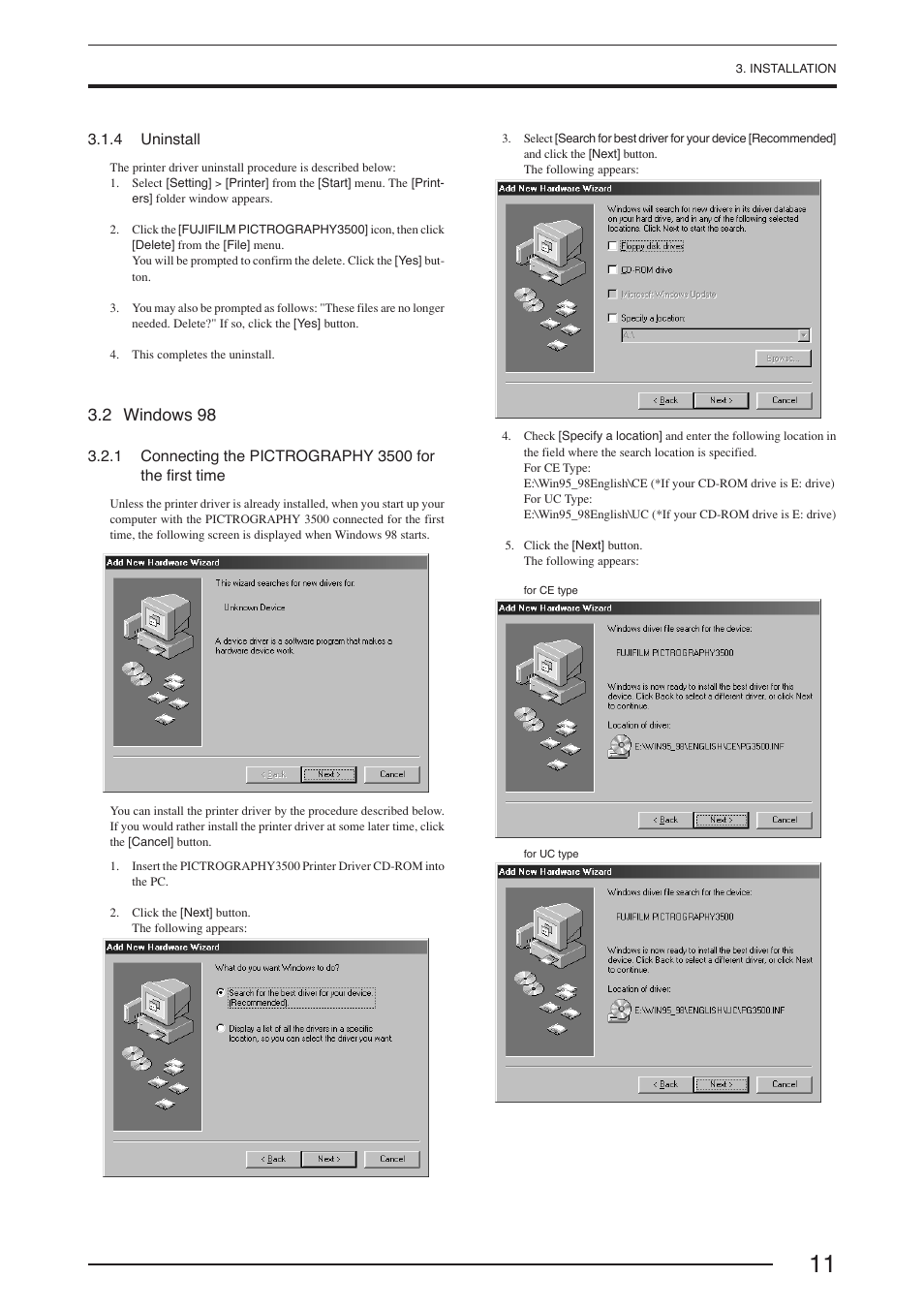 4 uninstall, 2 windows 98 | FujiFilm PICTOGRAPHY 3500 User Manual | Page 13 / 63