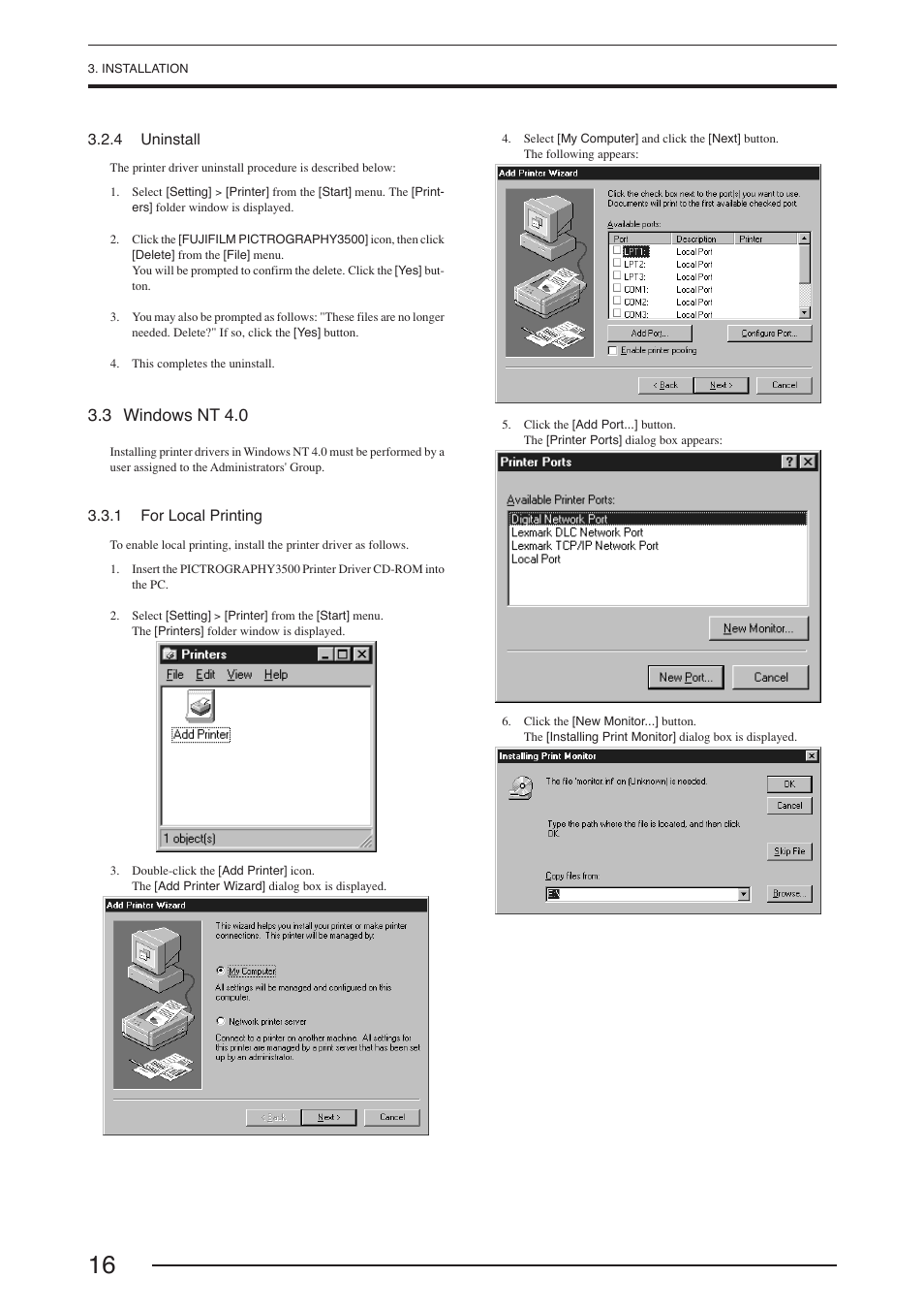 4 uninstall, 3 windows nt 4.0, 1 for local printing | FujiFilm PICTOGRAPHY 3500 User Manual | Page 18 / 63