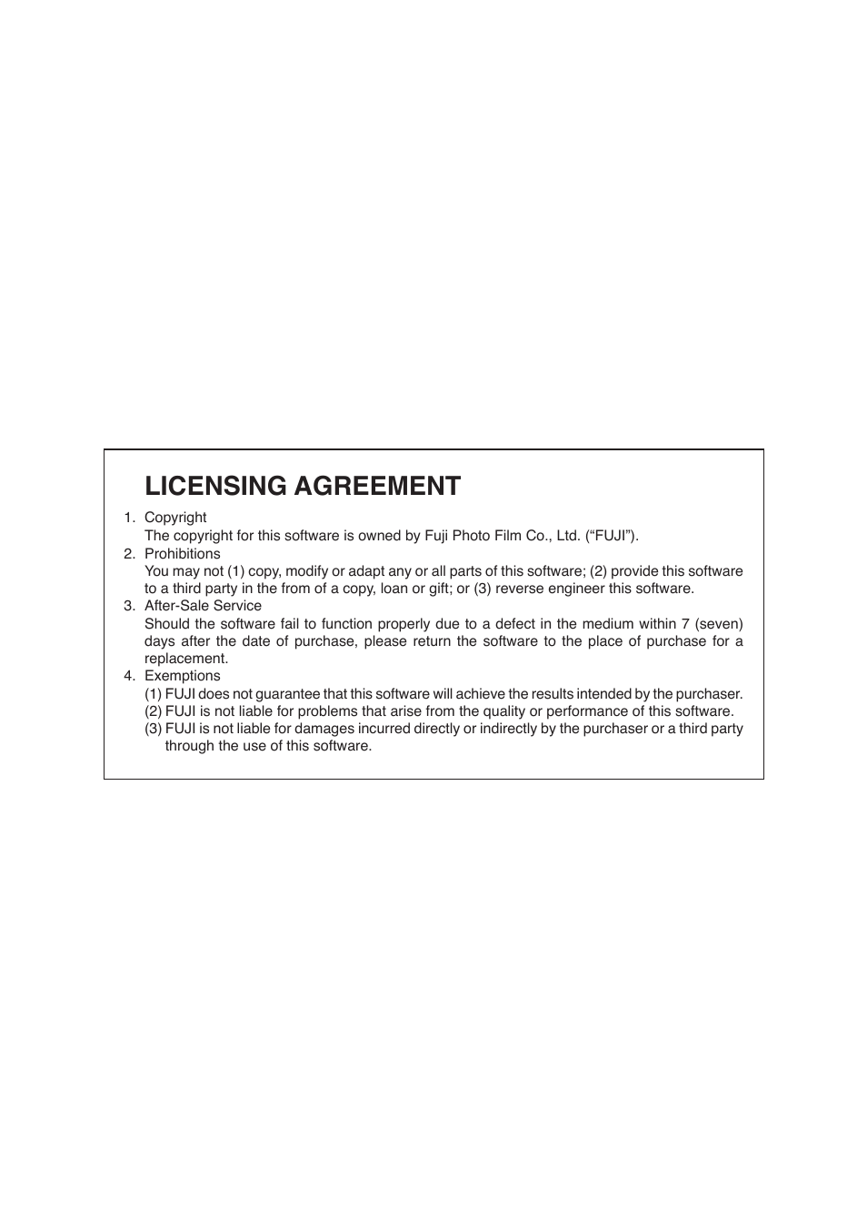 Licensing agreement | FujiFilm PICTOGRAPHY 3500 User Manual | Page 2 / 63