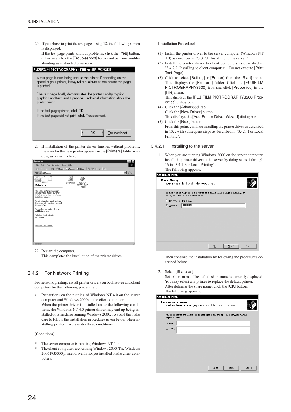 2 for network printing, 1 installing to the server | FujiFilm PICTOGRAPHY 3500 User Manual | Page 26 / 63