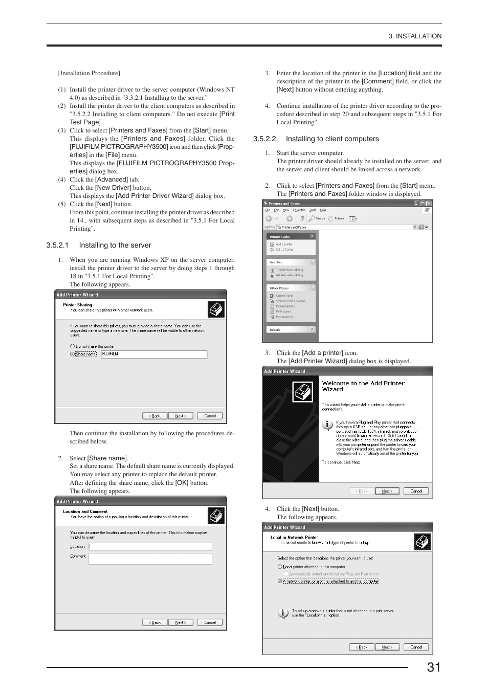 1 installing to the server, 2 installing to client computers | FujiFilm PICTOGRAPHY 3500 User Manual | Page 33 / 63