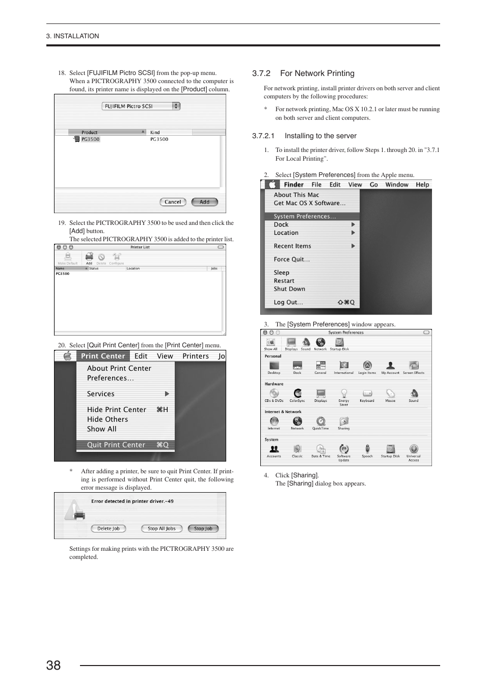 2 for network printing, 1 installing to the server | FujiFilm PICTOGRAPHY 3500 User Manual | Page 40 / 63