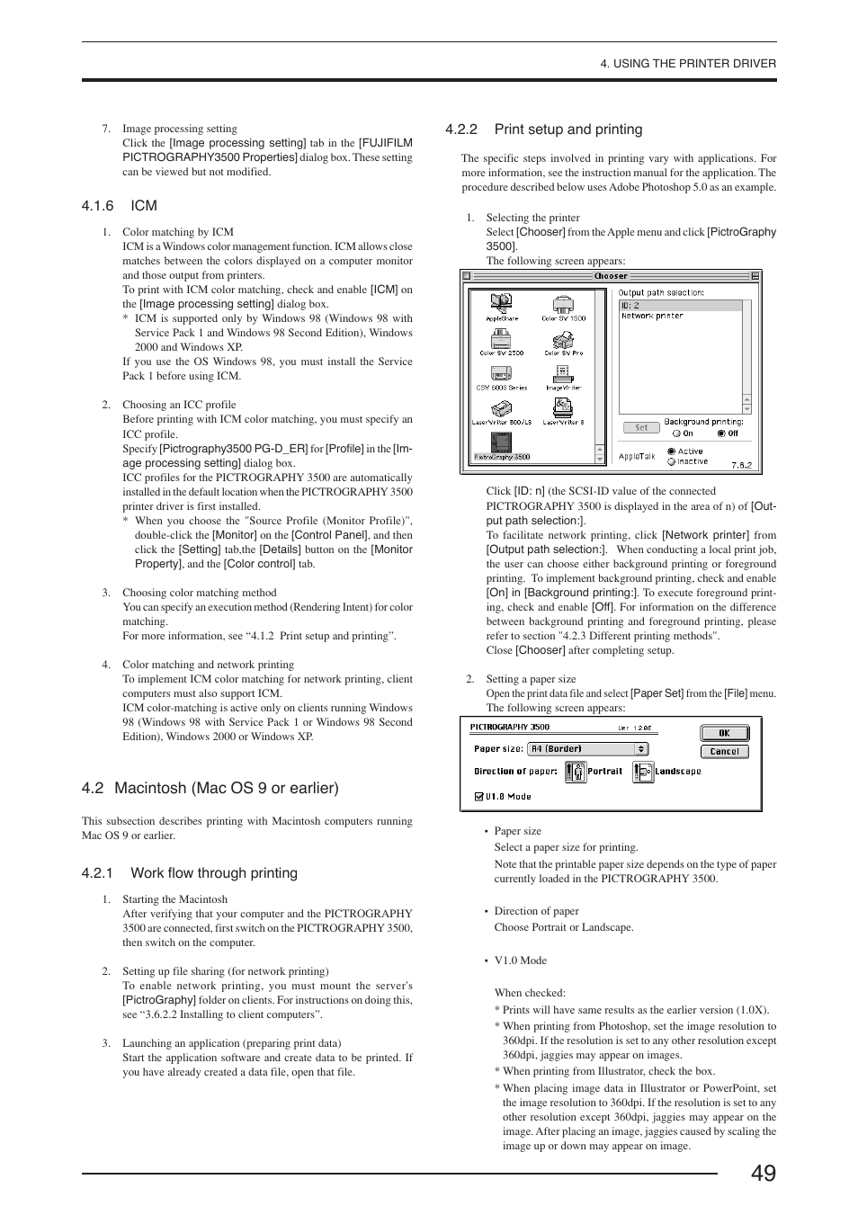 6 icm, 2 macintosh (mac os 9 or earlier), 1 work flow through printing | 2 print setup and printing | FujiFilm PICTOGRAPHY 3500 User Manual | Page 51 / 63