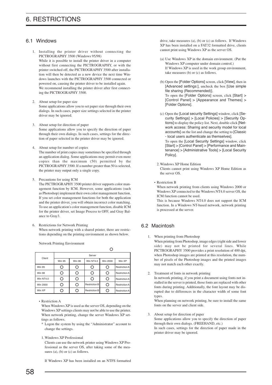 Restrictions, 1 windows, 2 macintosh | FujiFilm PICTOGRAPHY 3500 User Manual | Page 60 / 63