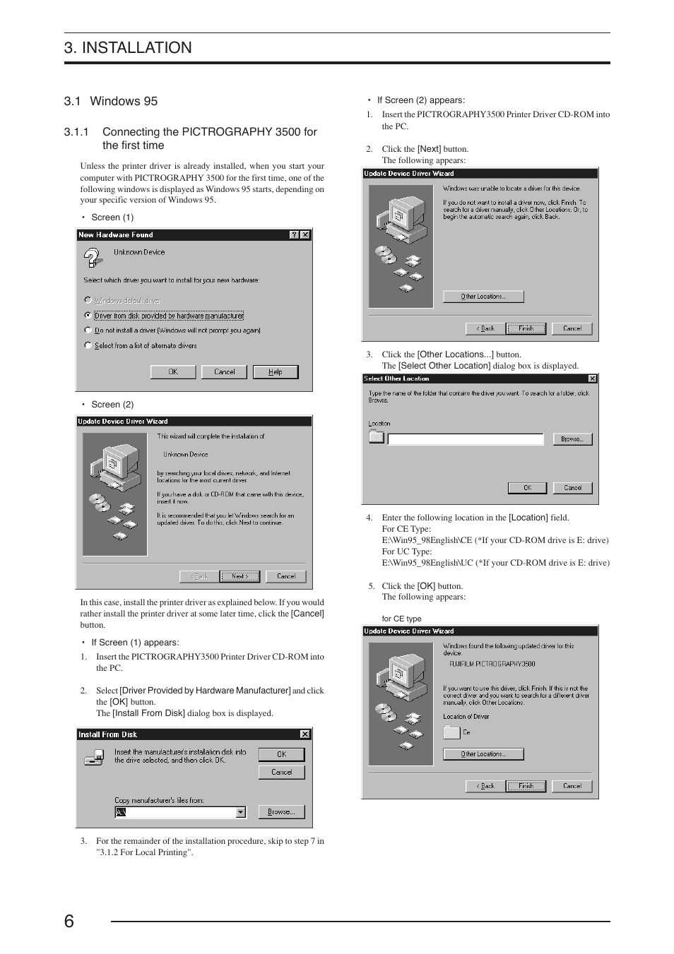 Installation, 1 windows 95 | FujiFilm PICTOGRAPHY 3500 User Manual | Page 8 / 63