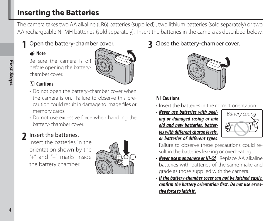 First steps, Inserting the batteries | FujiFilm FinePix A150 User Manual | Page 10 / 96