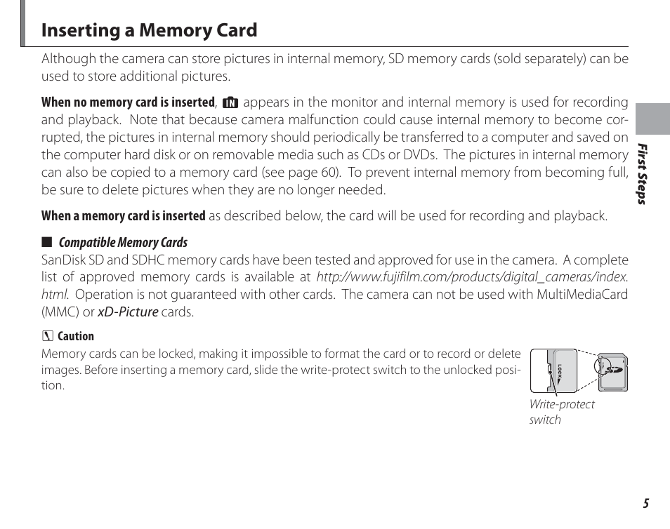 Inserting a memory card | FujiFilm FinePix A150 User Manual | Page 11 / 96