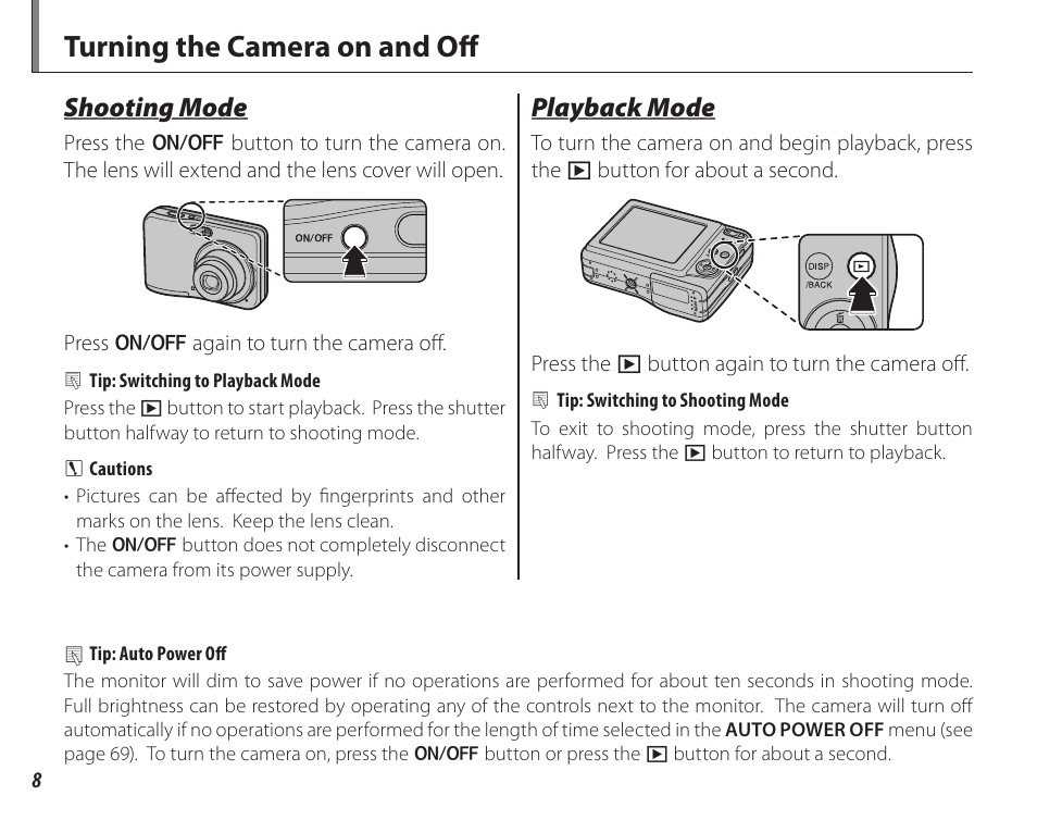 Turning the camera on and off, Shooting mode, Playback mode | FujiFilm FinePix A150 User Manual | Page 14 / 96