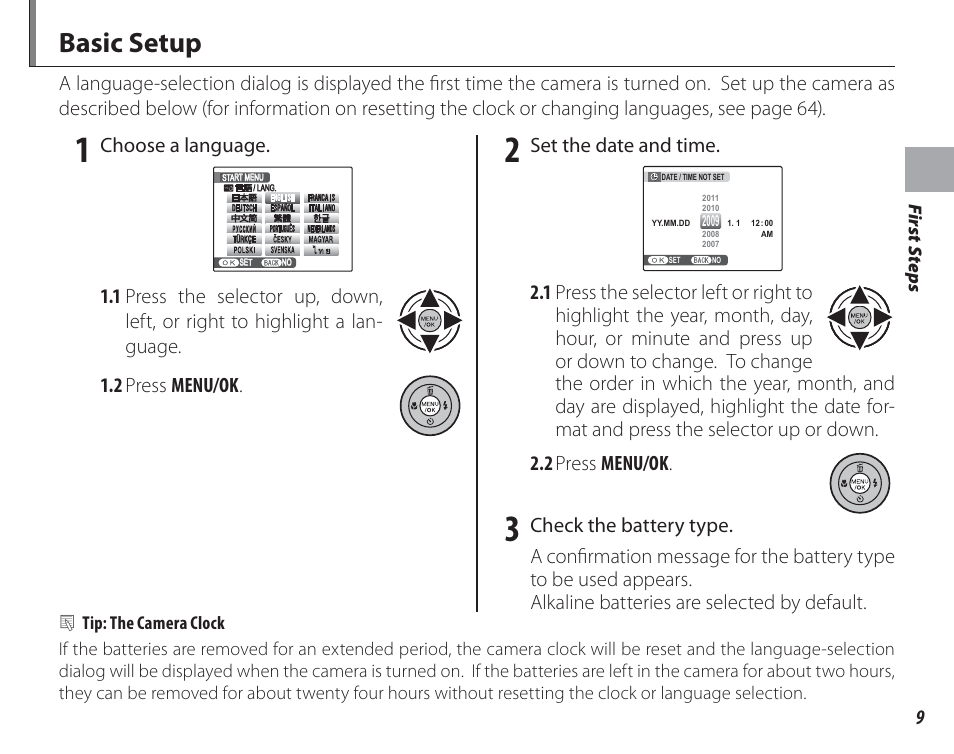 Basic setup, Choose a language, Set the date and time | FujiFilm FinePix A150 User Manual | Page 15 / 96