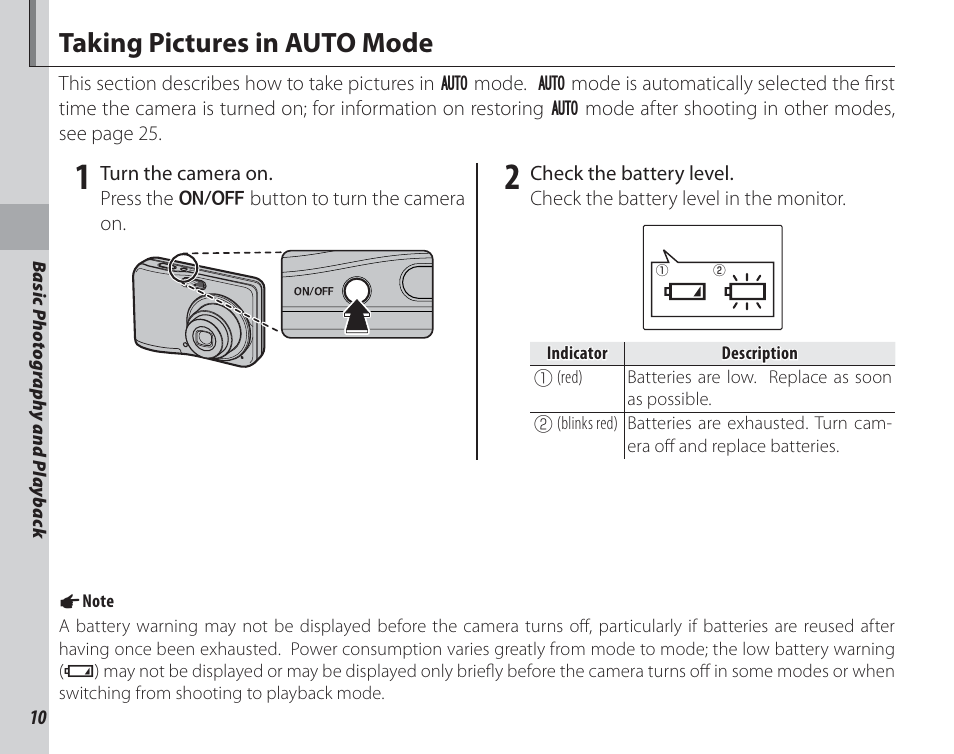 Basic photography and playback, Taking pictures in auto mode | FujiFilm FinePix A150 User Manual | Page 16 / 96
