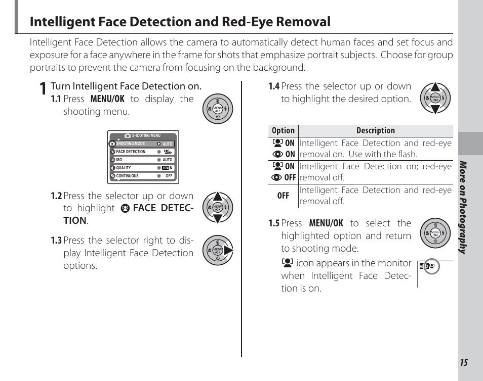 More on photography, Intelligent face detection and red-eye removal | FujiFilm FinePix A150 User Manual | Page 21 / 96