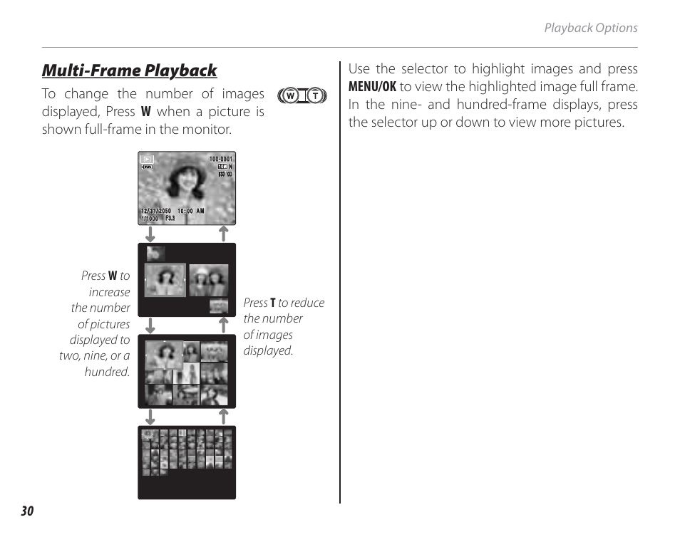 Multi-frame playback, Playback options, Press t to reduce the number of images displayed | FujiFilm FinePix A150 User Manual | Page 36 / 96